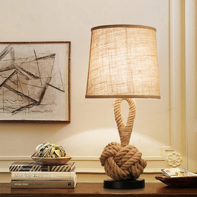 American Retro Table Lamp – Handcrafted Rope Design, Fabric Shade, Ideal for Bedroom, Study, and Living Room Decor