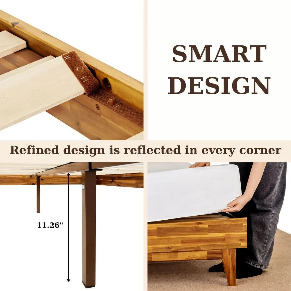 King Size Mid-Century Modern Bed Frame - Solid Wood Construction with Adjustable Headboard