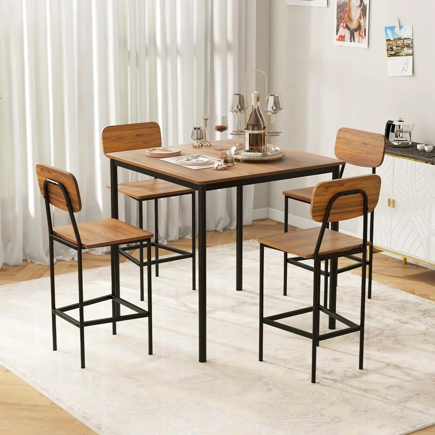 5-Piece Industrial Counter Height Dining Set – Square Table with 4 Bar Stools, Walnut MDF and Steel Frame