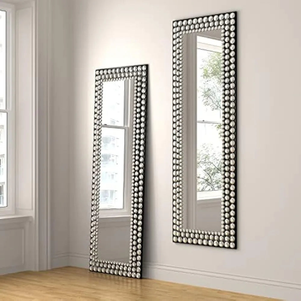 Full Length Mirror - Jeweled Floor Mirror Accented Crystal Metal Frame, Wall-Mounted or Standing Full Body Mirror 65”*22”