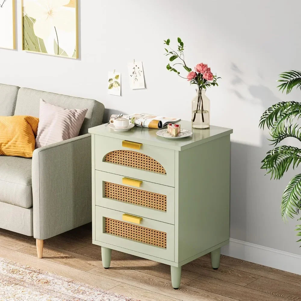 Mint Green Nightstand, 3-Drawer Rattan Night Stand Side Table, Accent Bedside Tables End Table for Bedroom and Small nightstand
