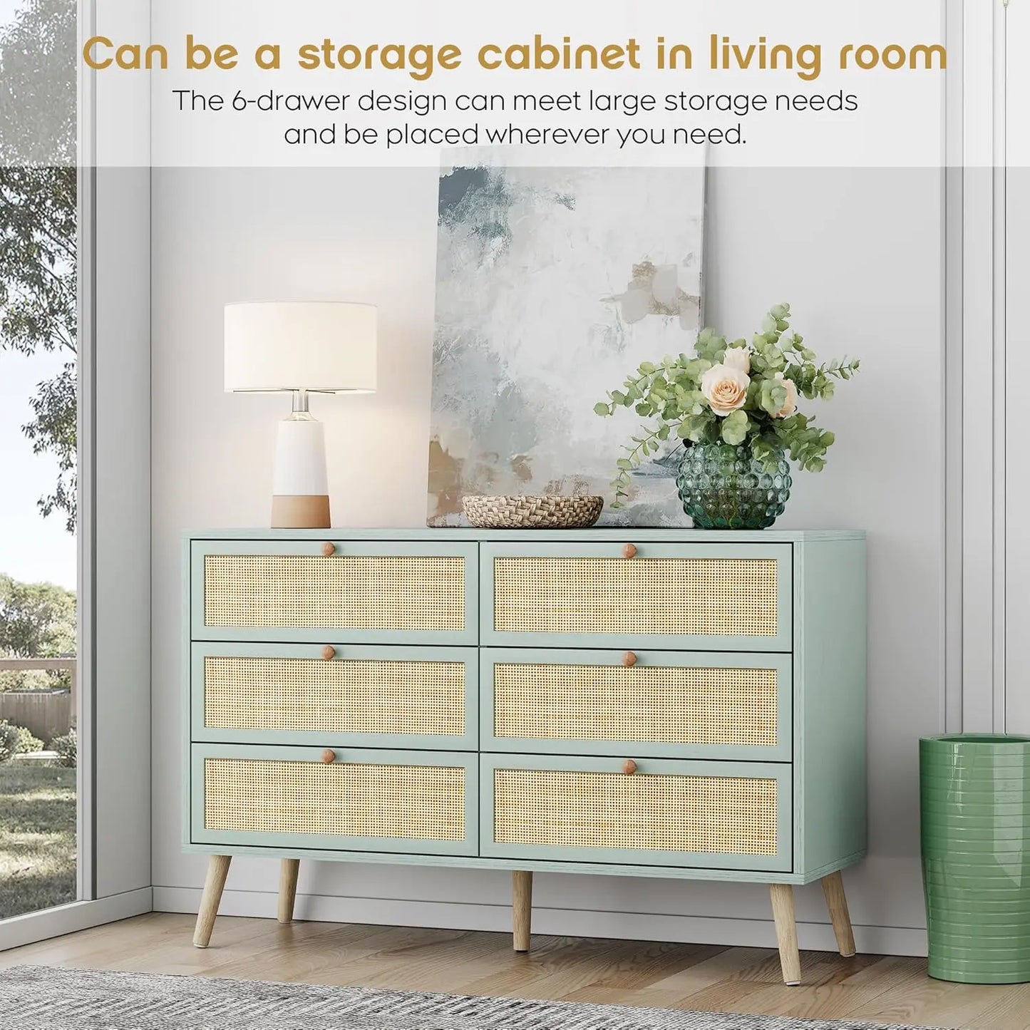 Vintage Natural Rattan 6 Drawers Dresser for Bedroom, Boho Double Chest of Drawers with Wood Handles for Closet