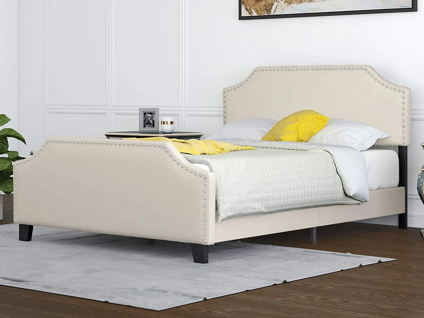 Full Upholstered Linen Platform Bed - Curved Headboard & Footboard with Metal Frame