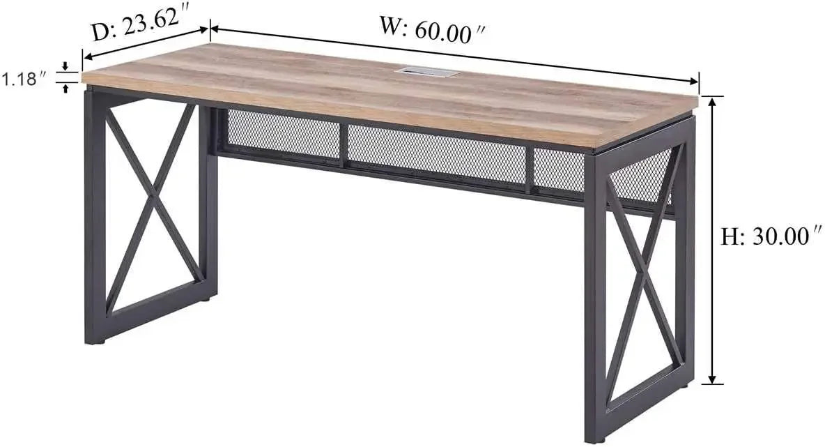 60-Inch Industrial Computer Desk - Large Adjustable Office Desk with Wood Grain Finish and Sturdy Metal Frame