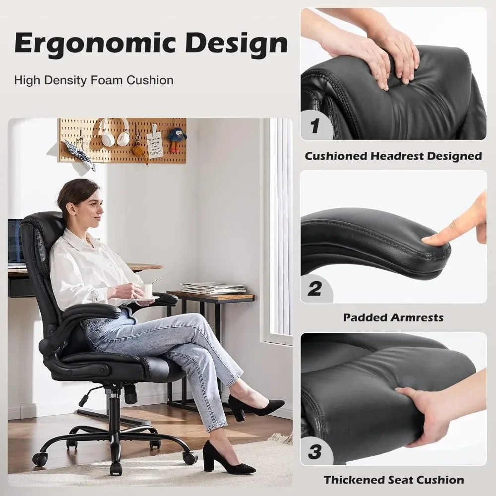 Ergonomic Executive Office Chair with Flip-Up Armrests, High-Back PU Leather Chair for Home and Office