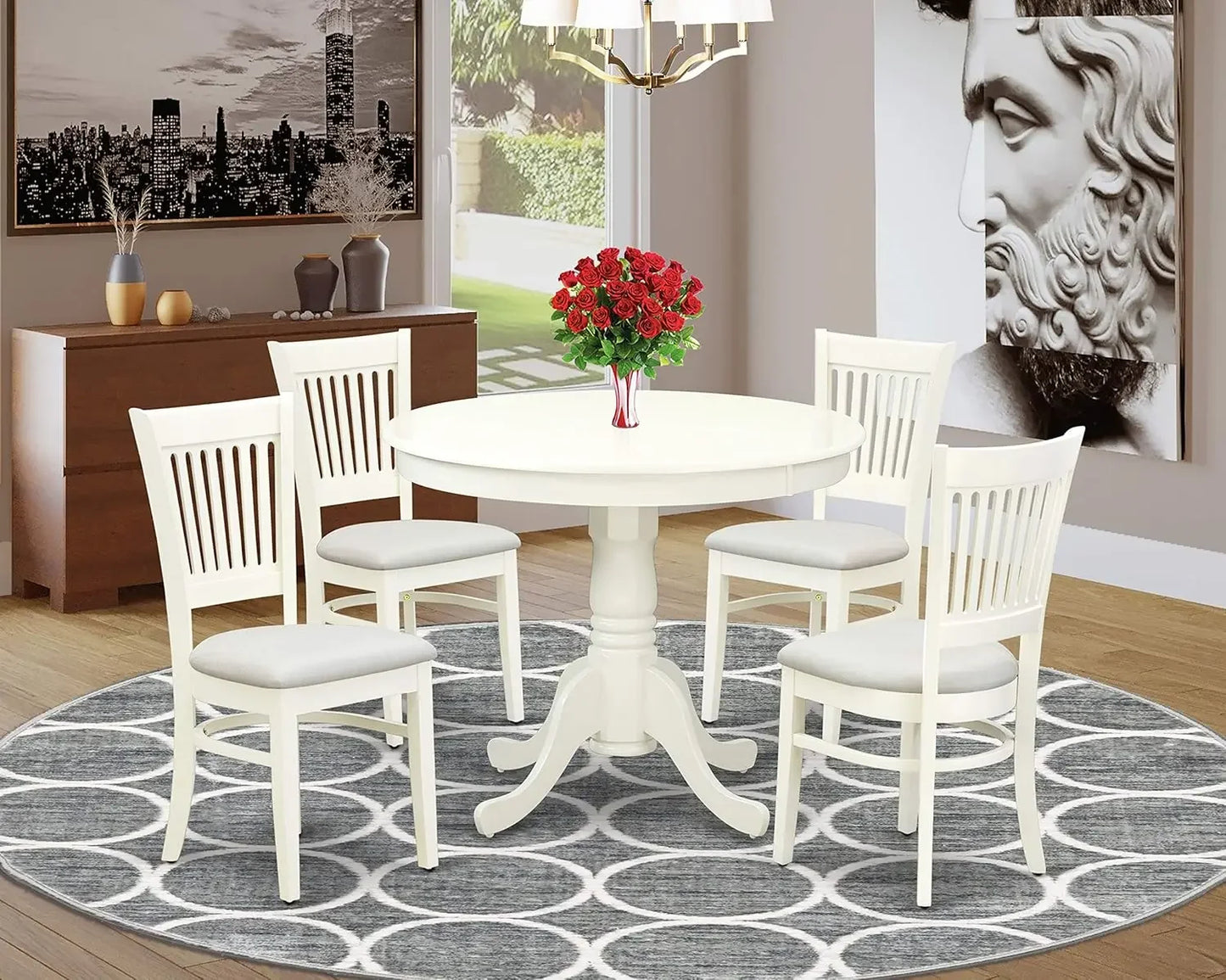 3-Piece Dining Room Set – Round Pedestal Table and 2 Wooden Chairs, 36"x36", Linen White