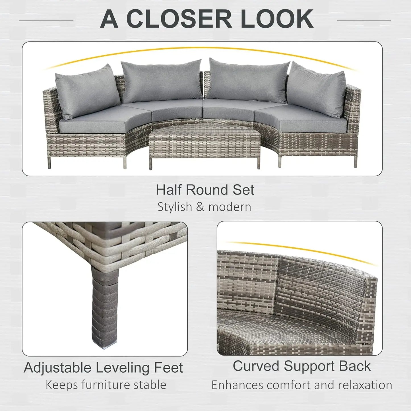 5-Piece Round Outdoor Sectional Sofa Set – PE Rattan Wicker with Coffee Table, Gray Cushions, Weather-Resistant Patio Furniture