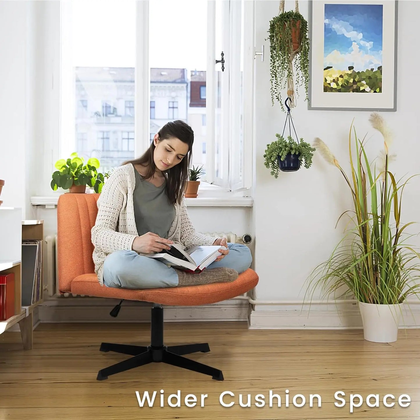 Ergonomic Armless Office Chair – Wheelless, Twill Fabric Upholstery, Adjustable Height, and Tilt, Supports Up to 350 lbs