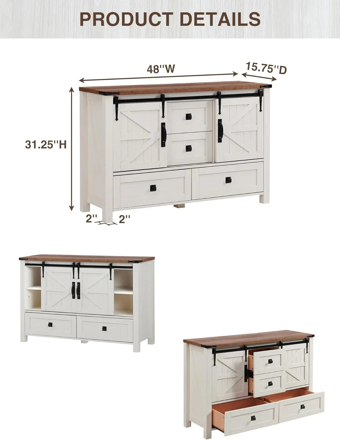 Farmhouse Dresser with Drawers&Sliding Barn Doors, all Chest of Drawers,Rustic Dresser TV Stand w/Shell for Bedroom, Living Room