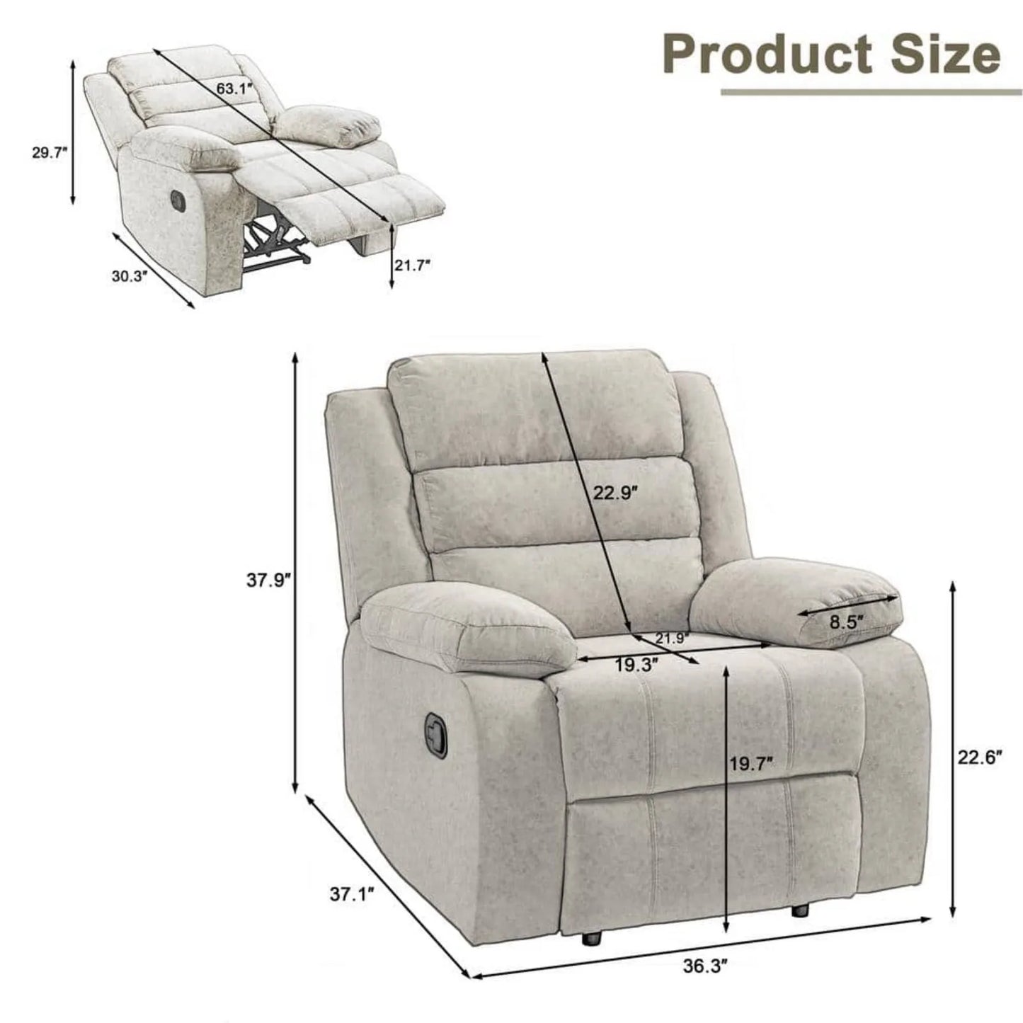 Beige High-Back 3-Position Manual Recliner with Wooden Frame and Solid Wood Legs