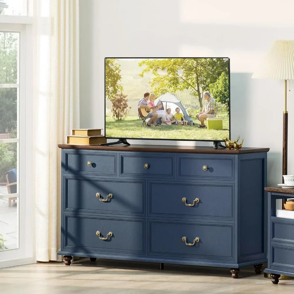 Farmhouse 54" 7 Drawers Dresser for Bedroom, Wide Wood Chest of Drawers w/ 4 Wooden Legs