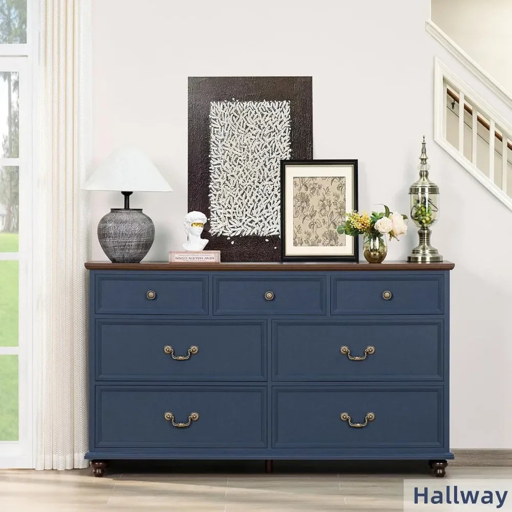 Farmhouse 54" 7 Drawers Dresser for Bedroom, Wide Wood Chest of Drawers w/ 4 Wooden Legs