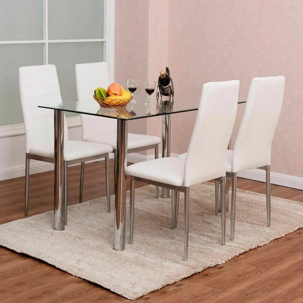 5-Piece Tempered Glass Dining Set – Modern Dining Table with 4 PU Leather Chairs, Stainless Steel Frame