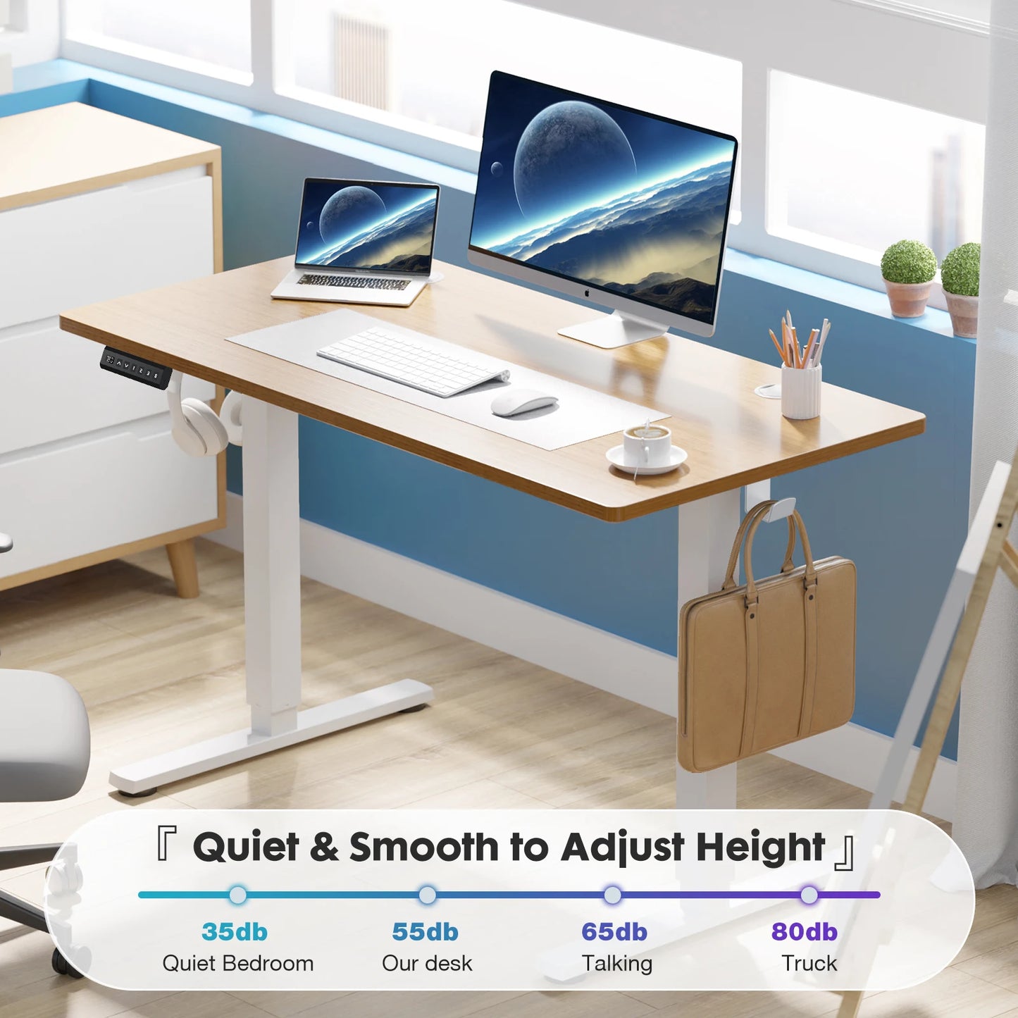 Electric Height Adjustable Standing Desk - Spacious Wooden Top with Memory Settings