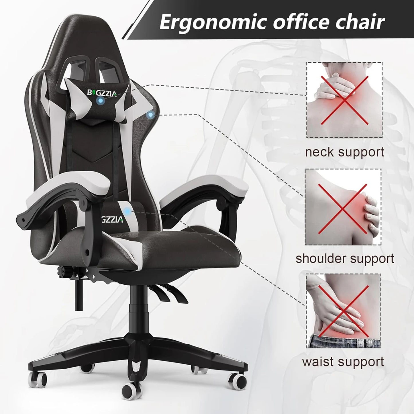 Ergonomic Gaming Chair with Lumbar Cushion & Headrest, Height-Adjustable Office Chair for Gamers - Multiple Color Options