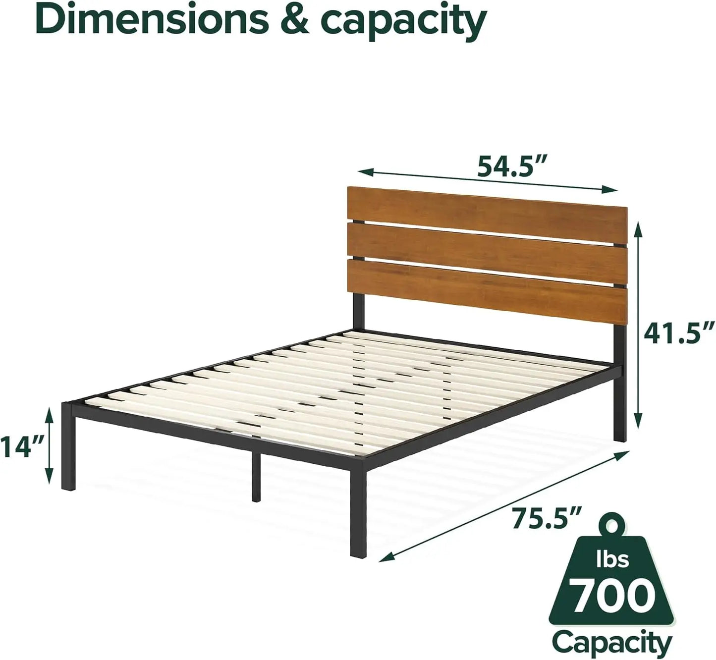 Metal and Bamboo Platform Bed Frame - Full Size with Wood Slat Support & No Box Spring Needed
