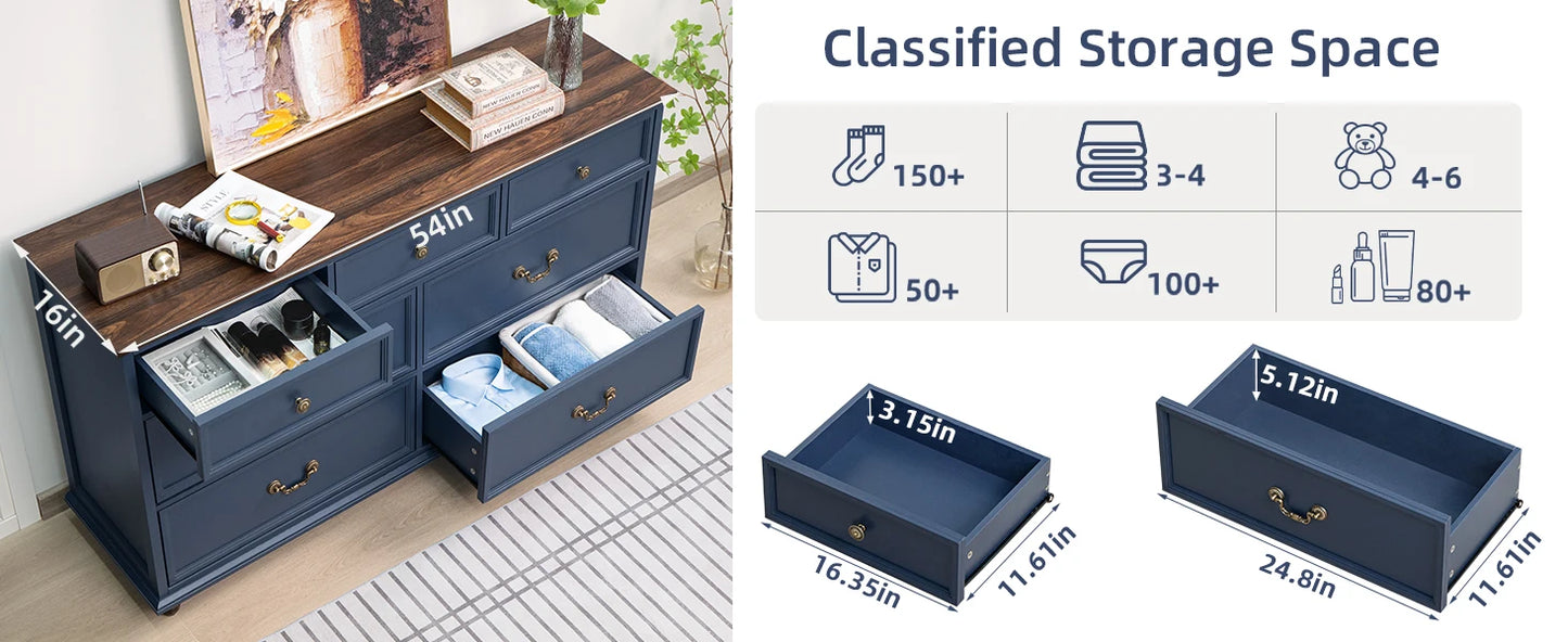 Farmhouse 54" 7 Drawers Dresser for Bedroom, Wide Wood Chest of Drawers w/ 4 Wooden Legs