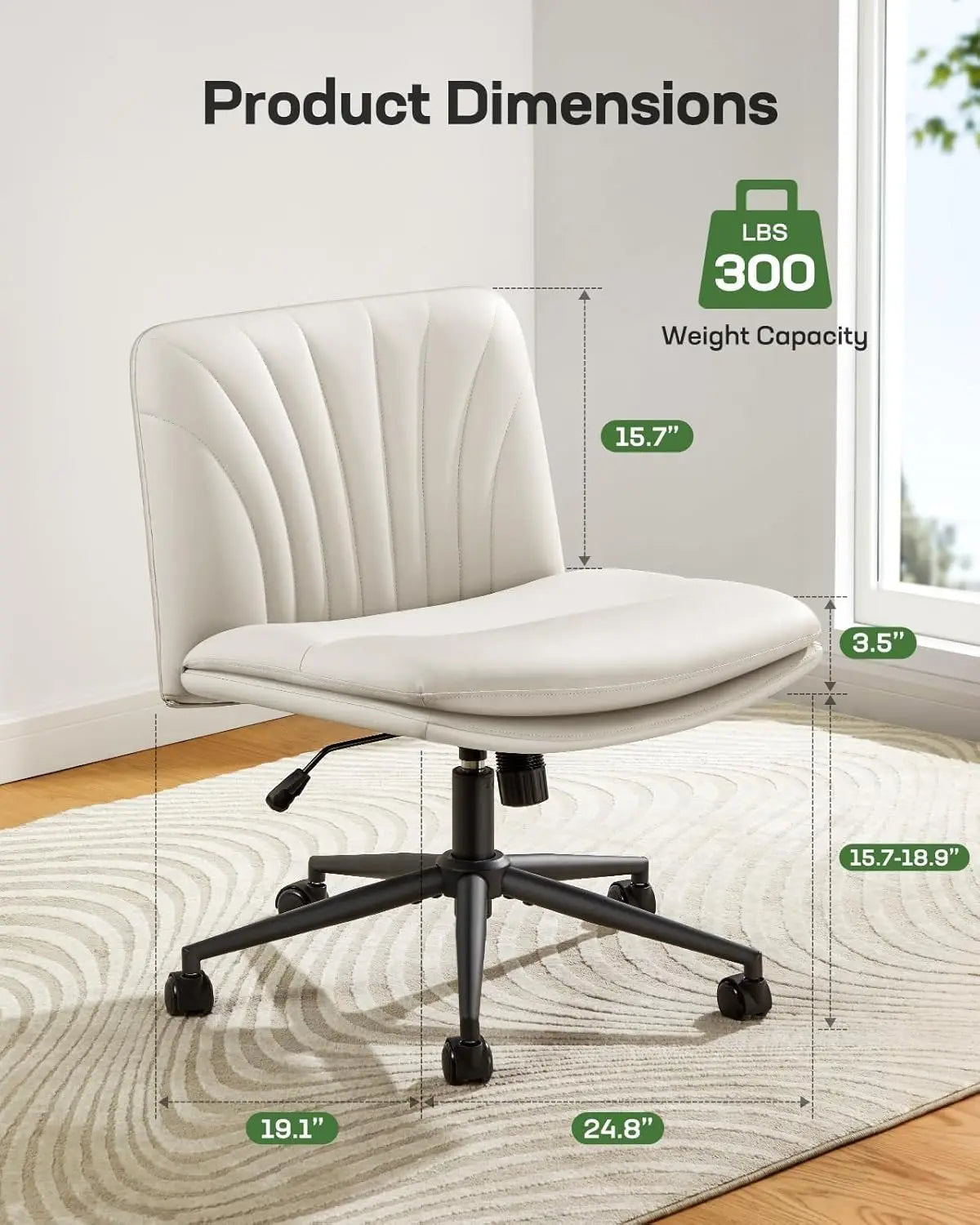 Armless Office Desk Chair with Wheels – PU Leather, Adjustable Swivel Computer Task Chair for Home, Office, Makeup, and Small Spaces (Light Beige)