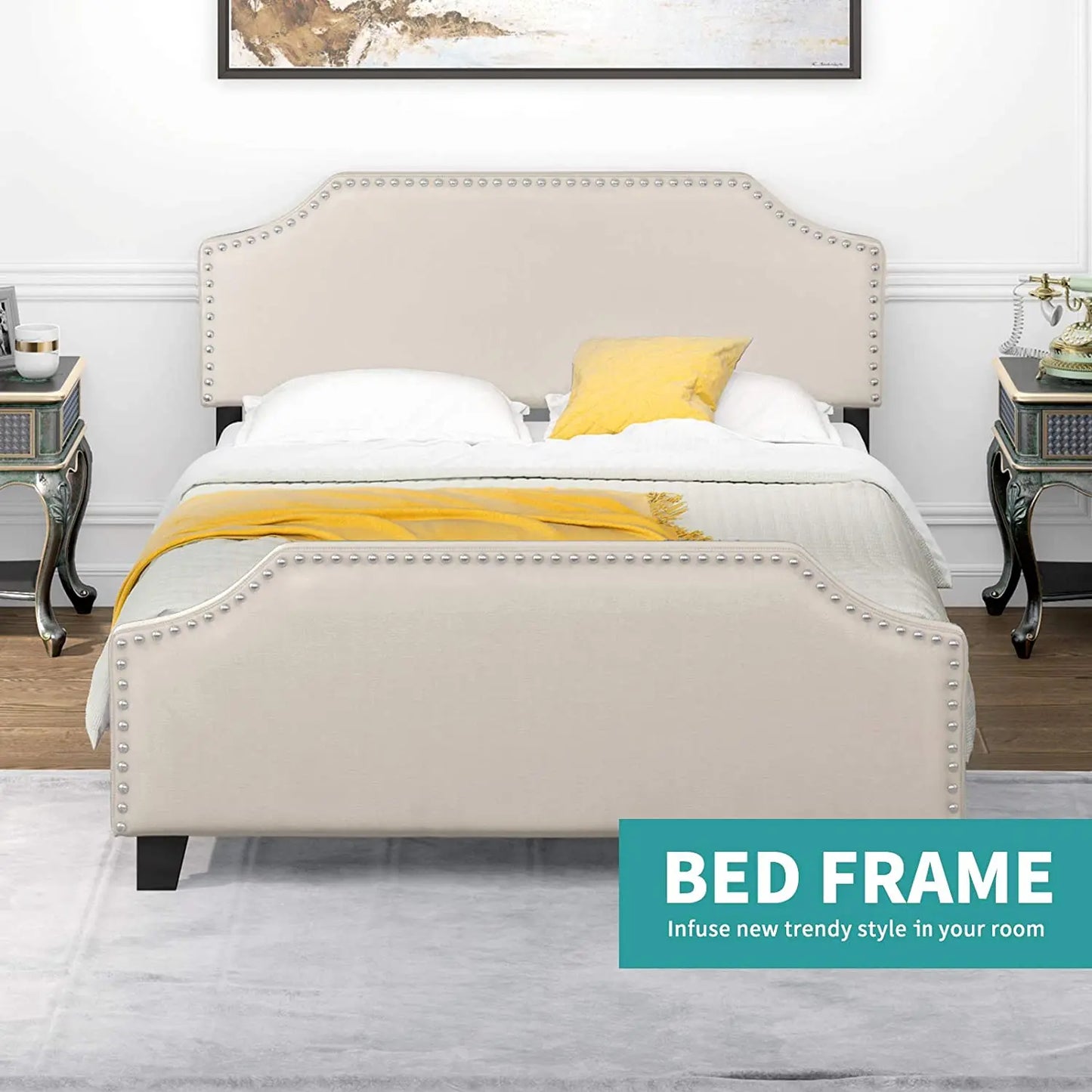 Full Upholstered Linen Platform Bed - Curved Headboard & Footboard with Metal Frame
