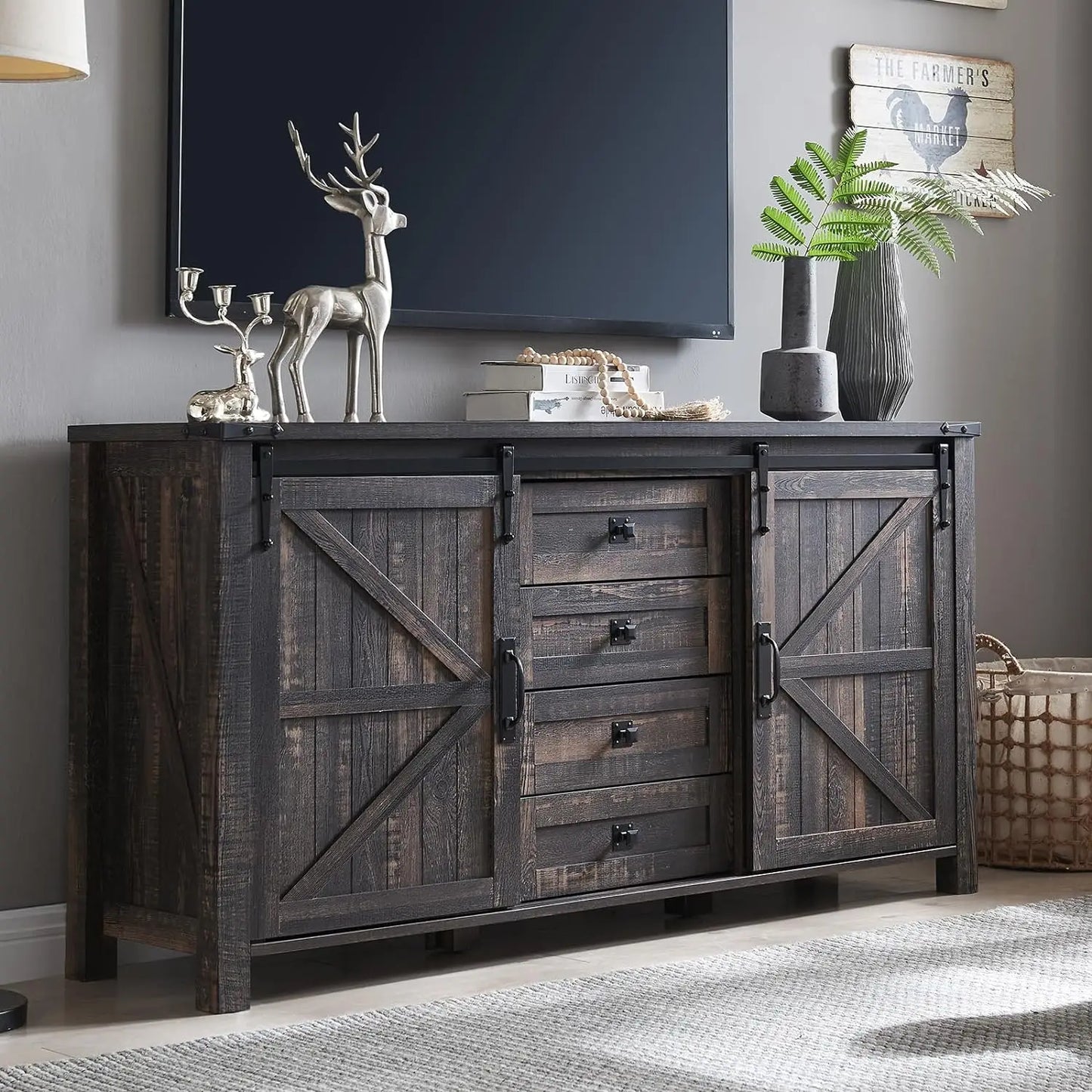Farmhouse Dresser with Drawers&Sliding Barn Doors, all Chest of Drawers,Rustic Dresser TV Stand w/Shell for Bedroom, Living Room
