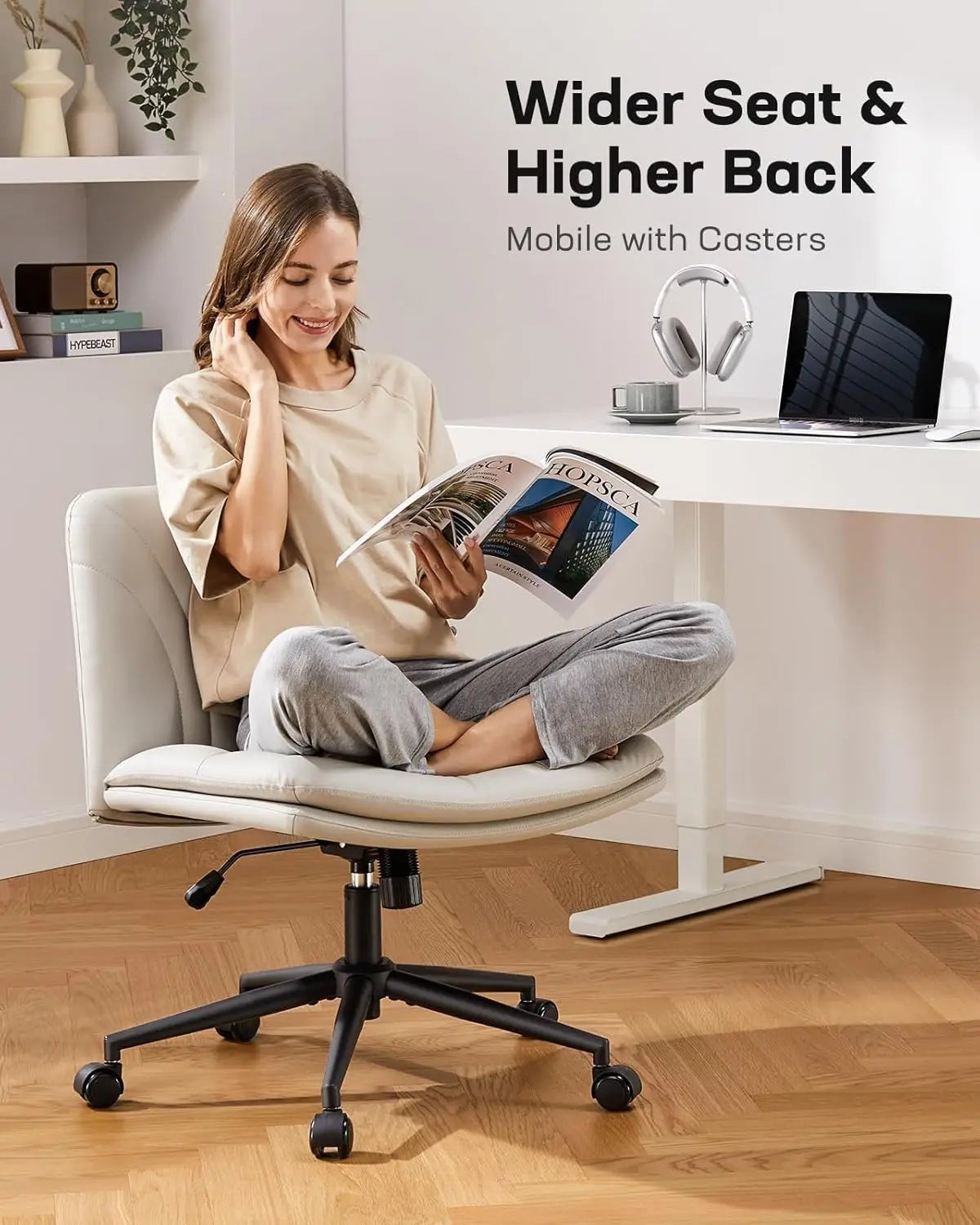 Armless Office Desk Chair with Wheels – PU Leather, Adjustable Swivel Computer Task Chair for Home, Office, Makeup, and Small Spaces (Light Beige)