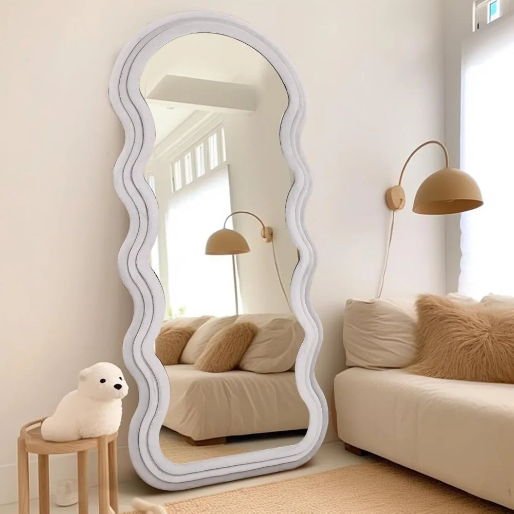 Chic Wavy Full-Length Mirror – 63"x24" Ultra-High Definition Mirror with Velvet-Wrapped Frame for Bedroom, Living Room, and Entryway