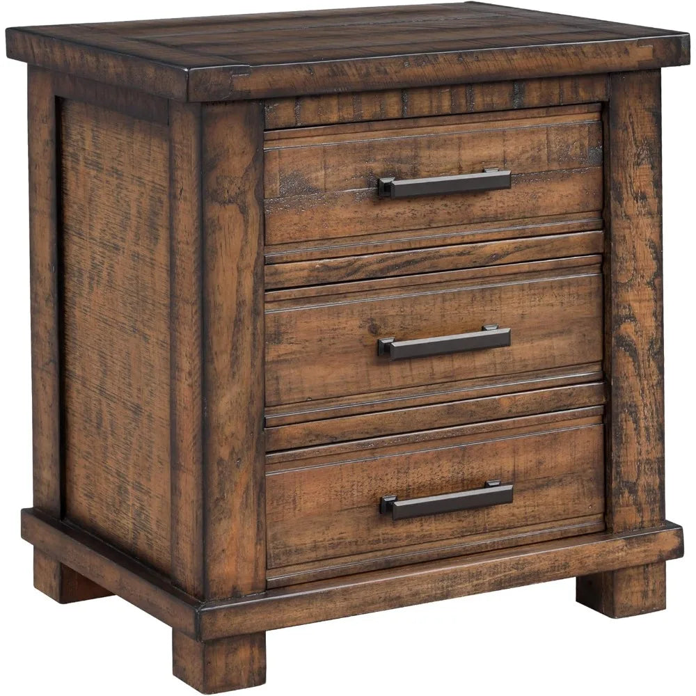 Farmhouse 3-Drawer Nightstand, Reclaimed Pine Wood Bedside Table Night Stand Sofa Side End Table with Antique Metal Handles