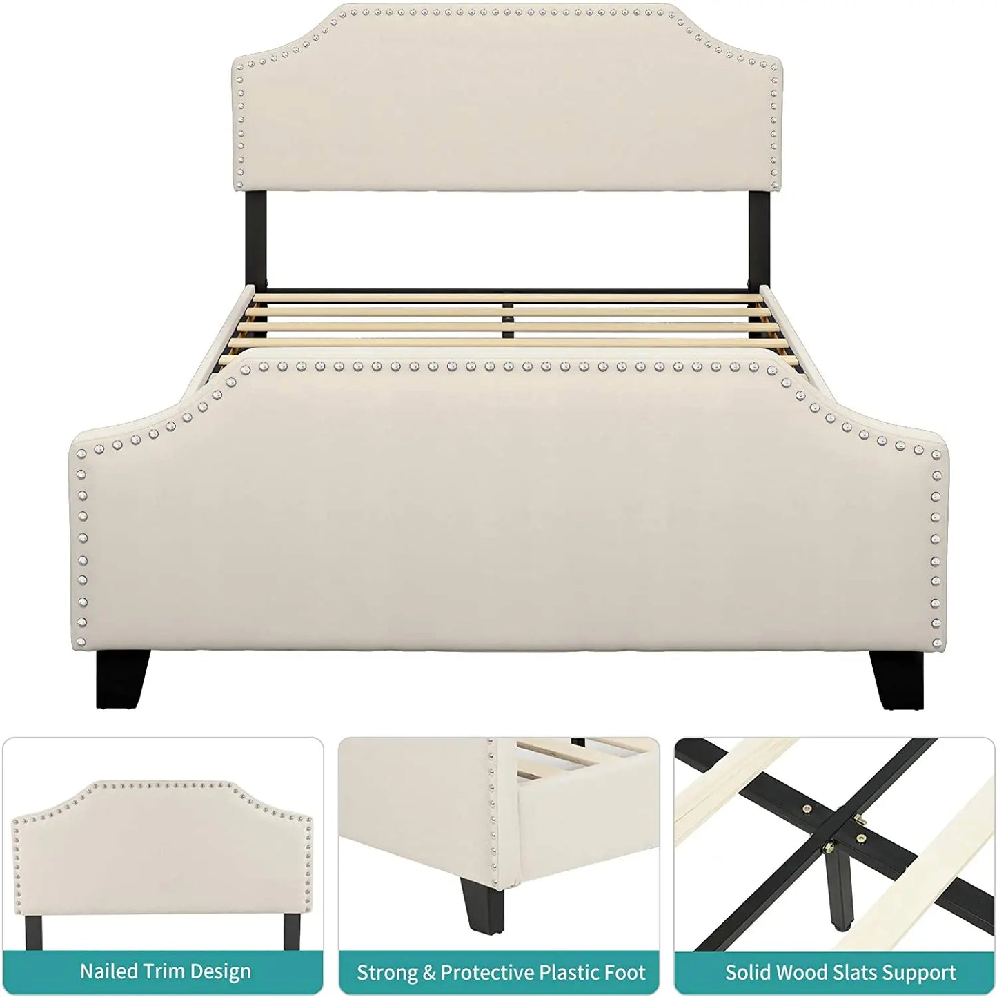 Full Upholstered Linen Platform Bed - Curved Headboard & Footboard with Metal Frame