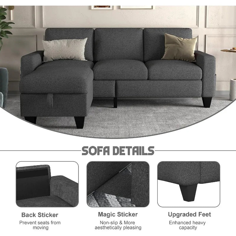 Modern Hemp Fabric Sofa – L-Shaped Sectional Sofa with Wide Seating and Low Seat Height, 78 Inches Wide