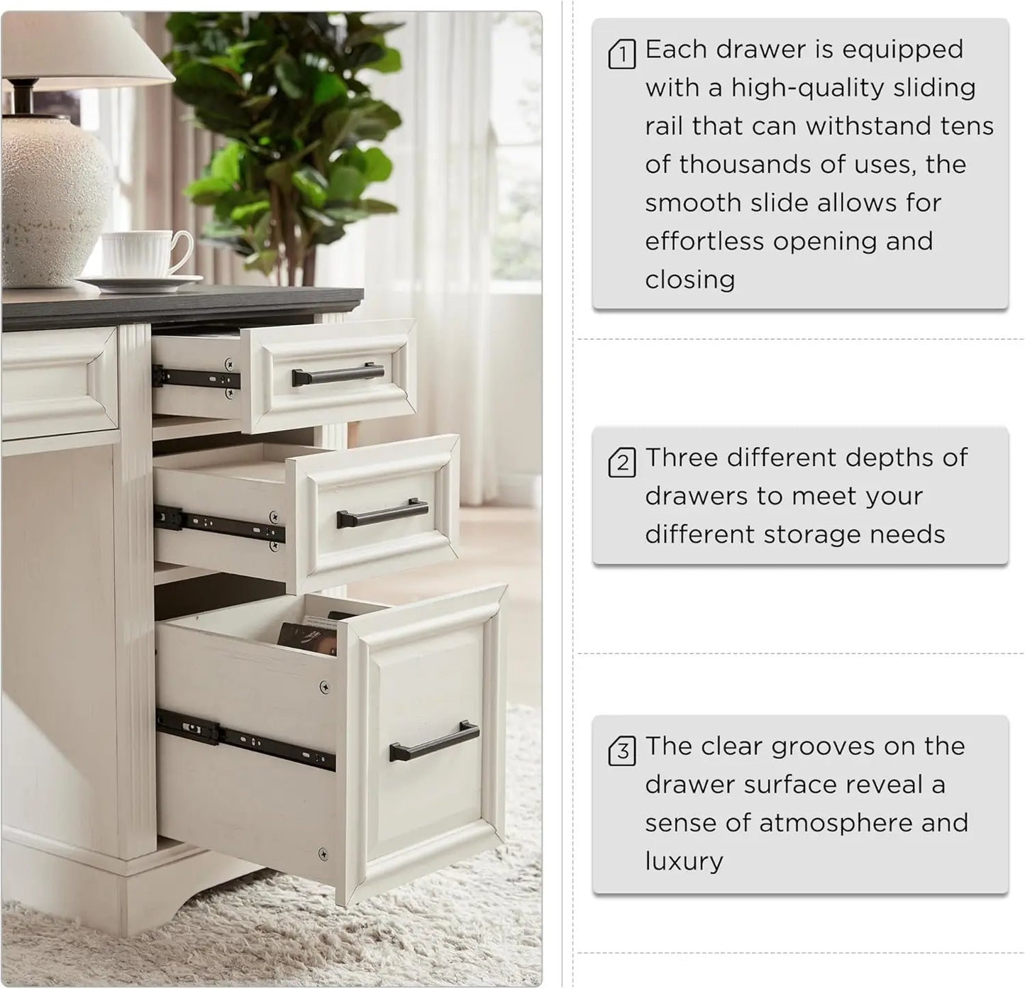58" Farmhouse Executive Desk – Home Office Desk with 5 Drawers, Cabinet, and Embossed Texture, Off White