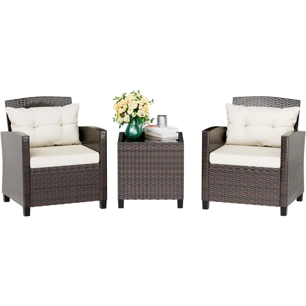 3-Piece Outdoor Rattan Patio Set – Minimalist Modern Garden Chairs with Tempered Glass Table