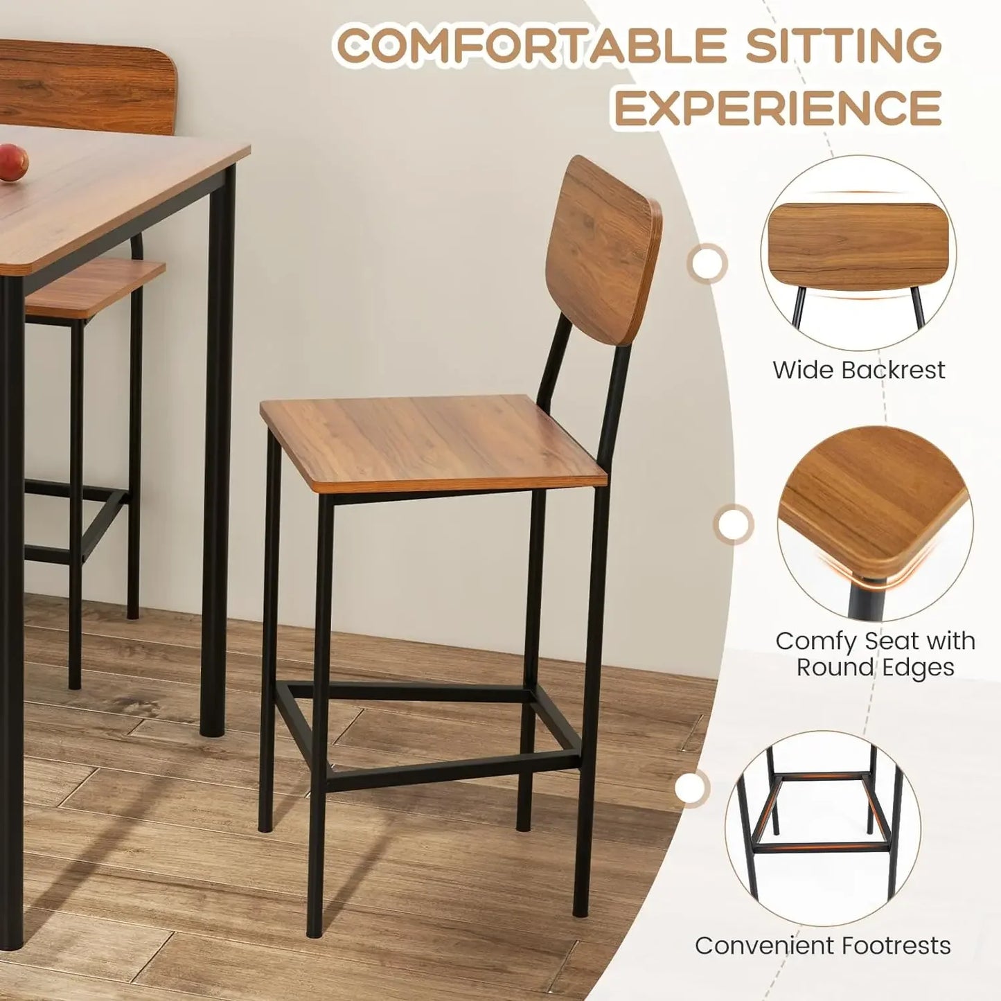 5-Piece Industrial Counter Height Dining Set – Square Table with 4 Bar Stools, Walnut MDF and Steel Frame