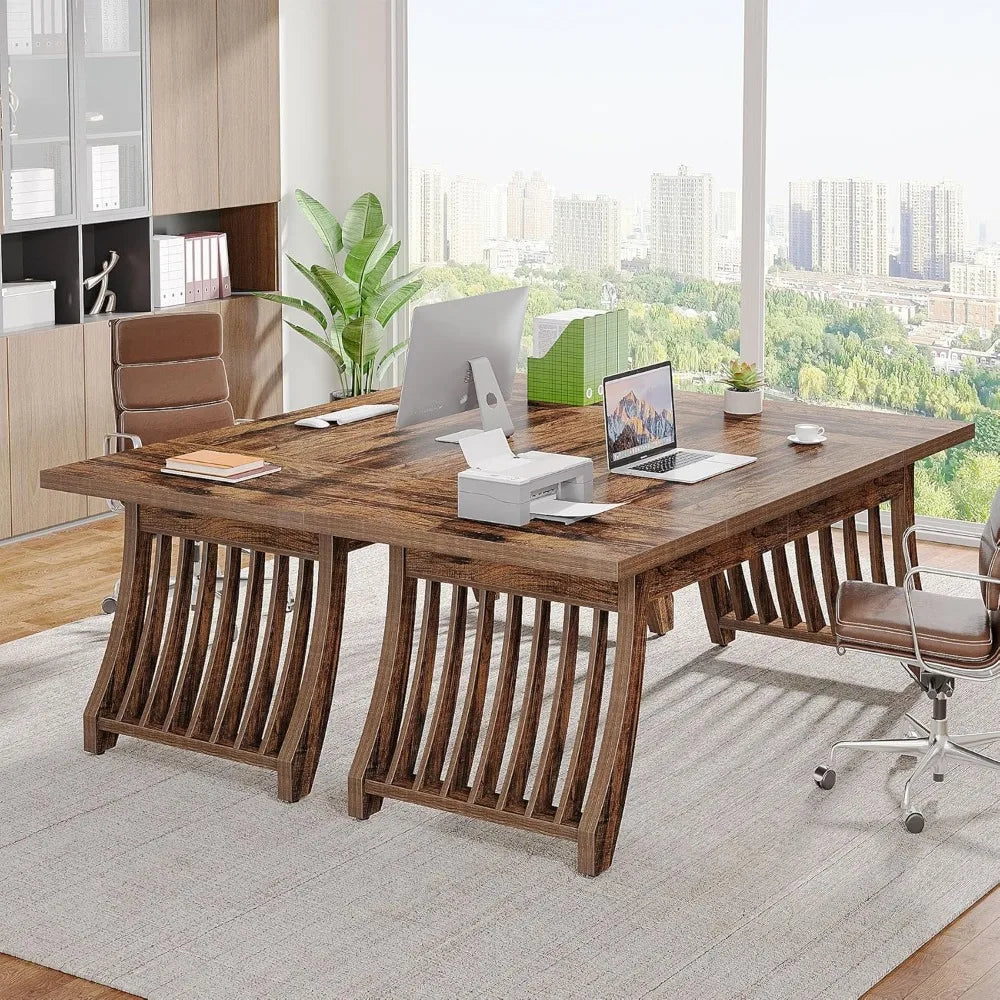 62" Retro Farmhouse Executive Desk – Spacious Wooden Computer Desk with Thick Tabletop and Heavy-Duty Legs, Antique Brown