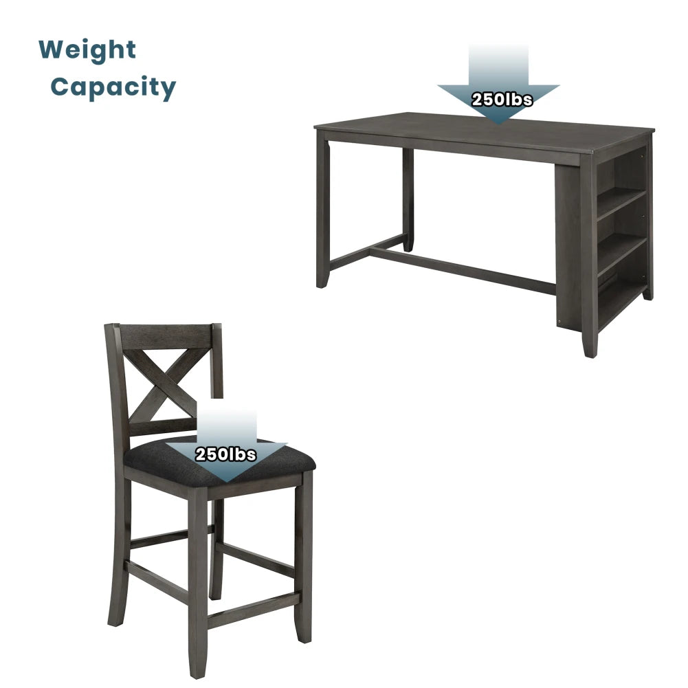 5-Piece Counter Height Rustic Farmhouse Dining Set – Wooden Bar Table with 4 Chairs and Storage Shelf, Gray