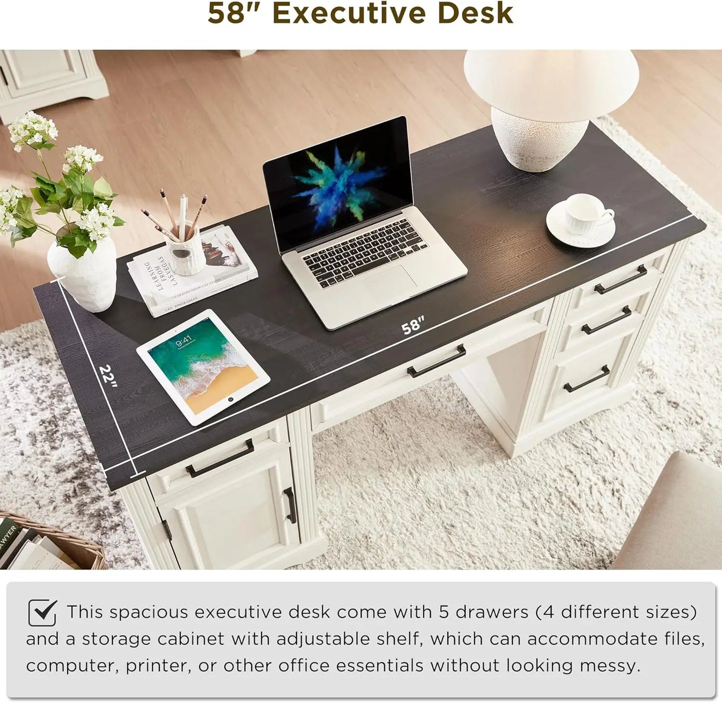 58" Farmhouse Executive Desk – Home Office Desk with 5 Drawers, Cabinet, and Embossed Texture, Off White