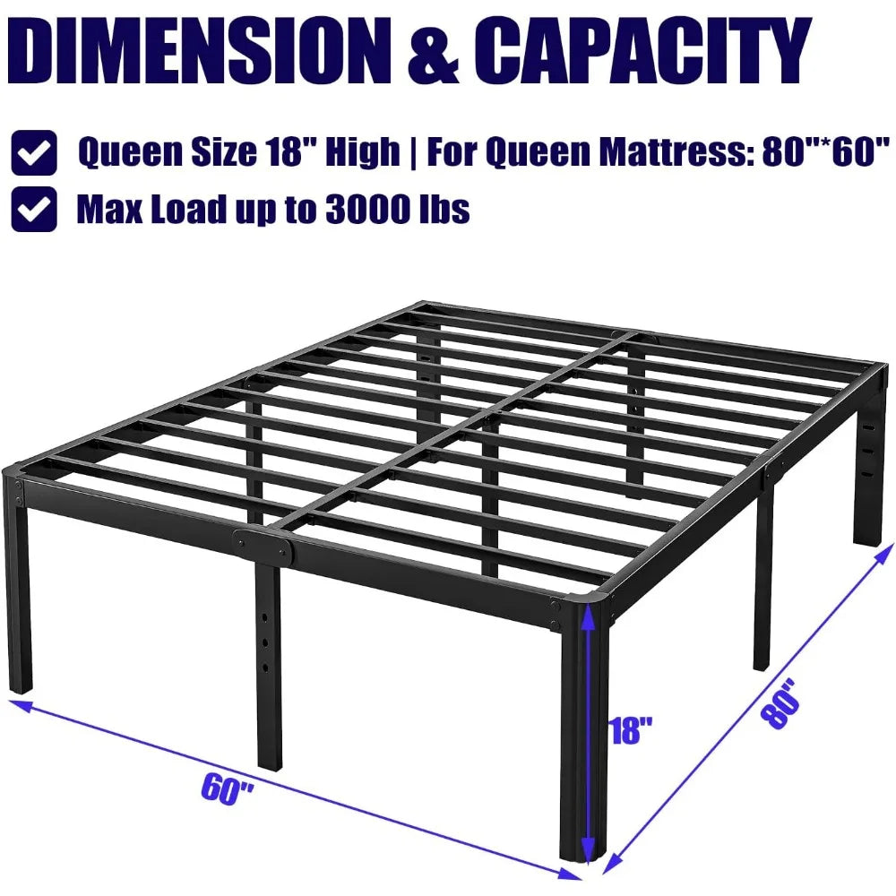 18" High Queen Bed Frame – Heavy-Duty Metal Platform, No Box Spring Needed, with Rounded Corners, Black