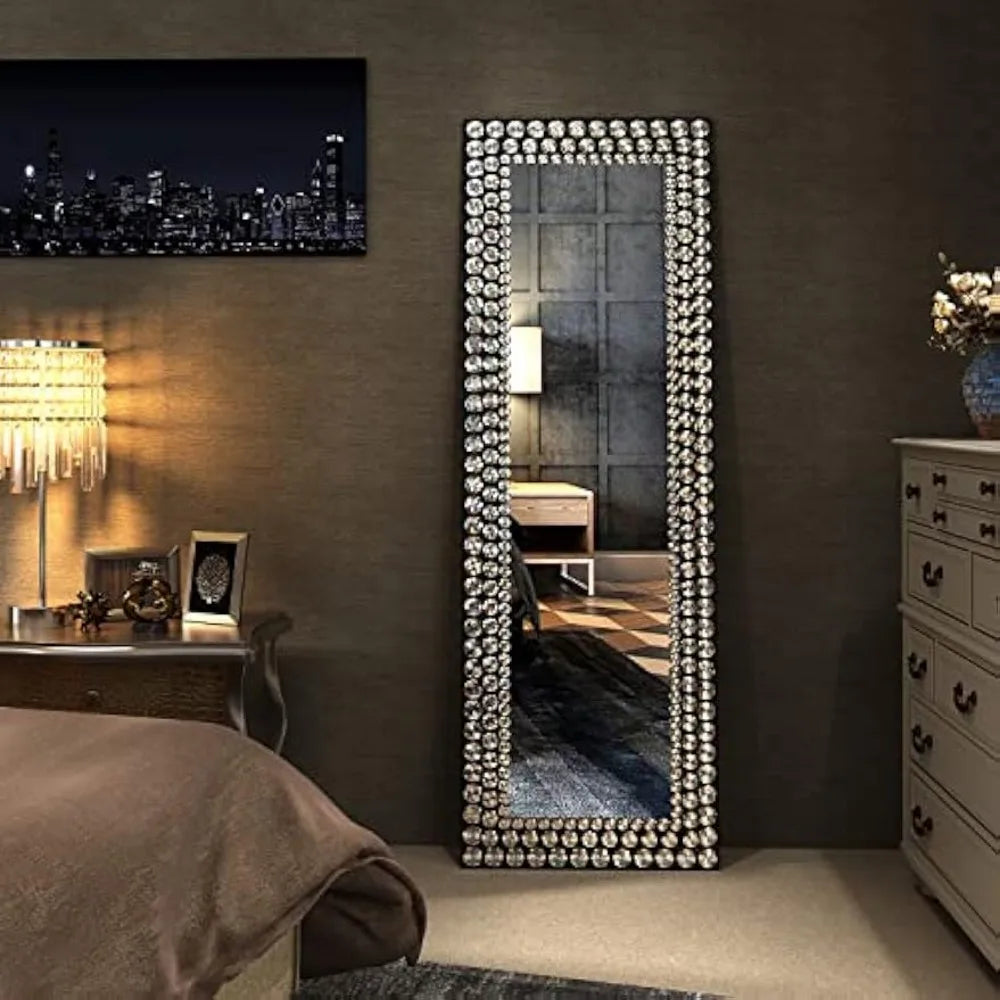 Full Length Mirror - Jeweled Floor Mirror Accented Crystal Metal Frame, Wall-Mounted or Standing Full Body Mirror 65”*22”