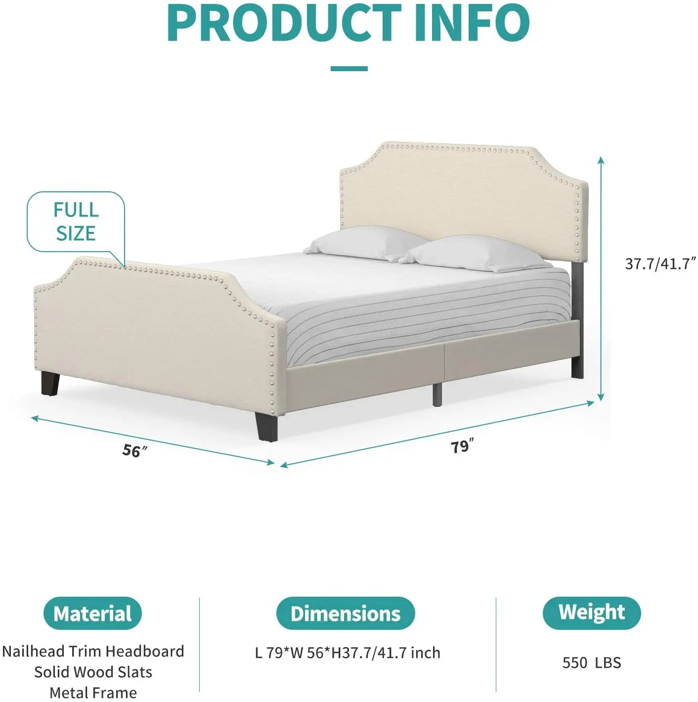Full Upholstered Linen Platform Bed - Curved Headboard & Footboard with Metal Frame