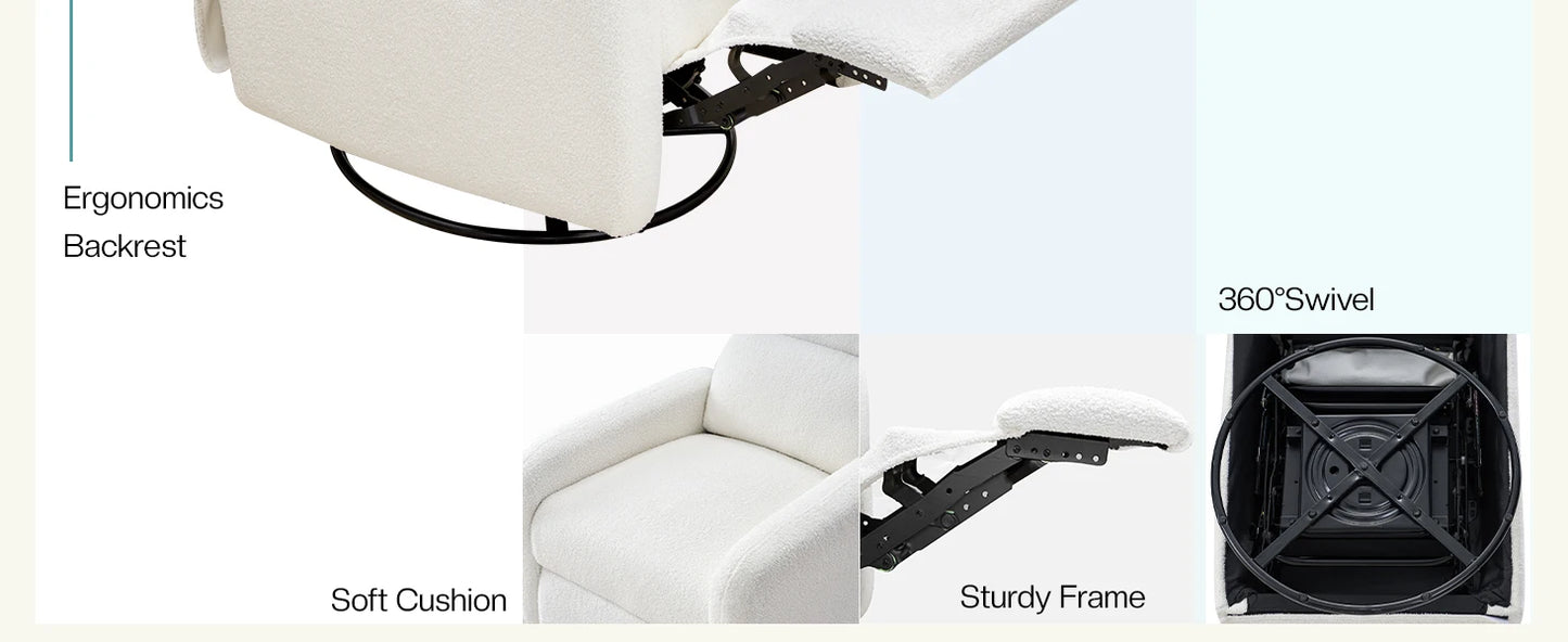 Off-White Velvet Wingback Recliner with 360-Degree Swivel and Memory Foam Seat