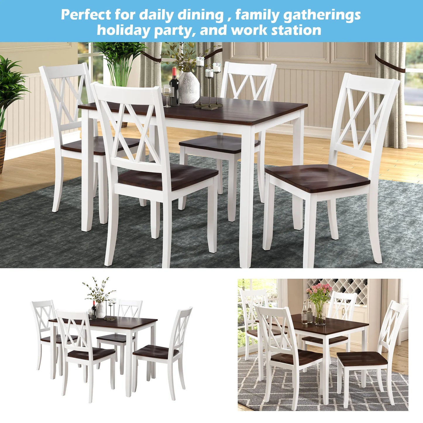 5-Piece Dining Table Set – Solid Wood and Acacia Veneer Table with 4 Ergonomic Chairs, Black/White + Cherry Finish