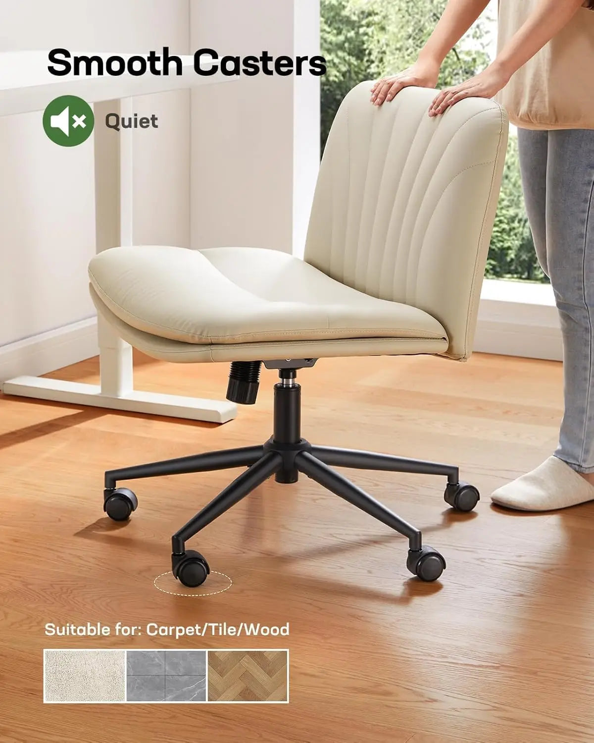 Armless Office Desk Chair with Wheels – PU Leather, Adjustable Swivel Computer Task Chair for Home, Office, Makeup, and Small Spaces (Light Beige)