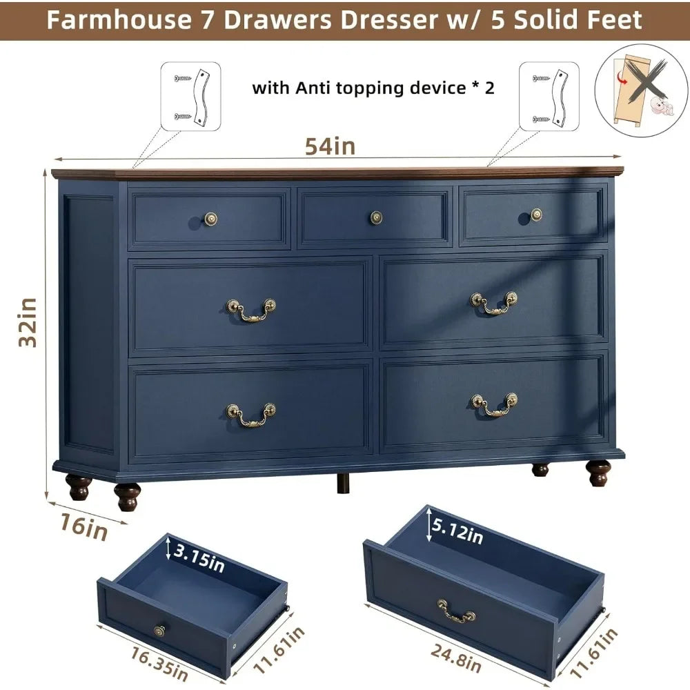 Farmhouse 54" 7 Drawers Dresser for Bedroom, Wide Wood Chest of Drawers w/ 4 Wooden Legs