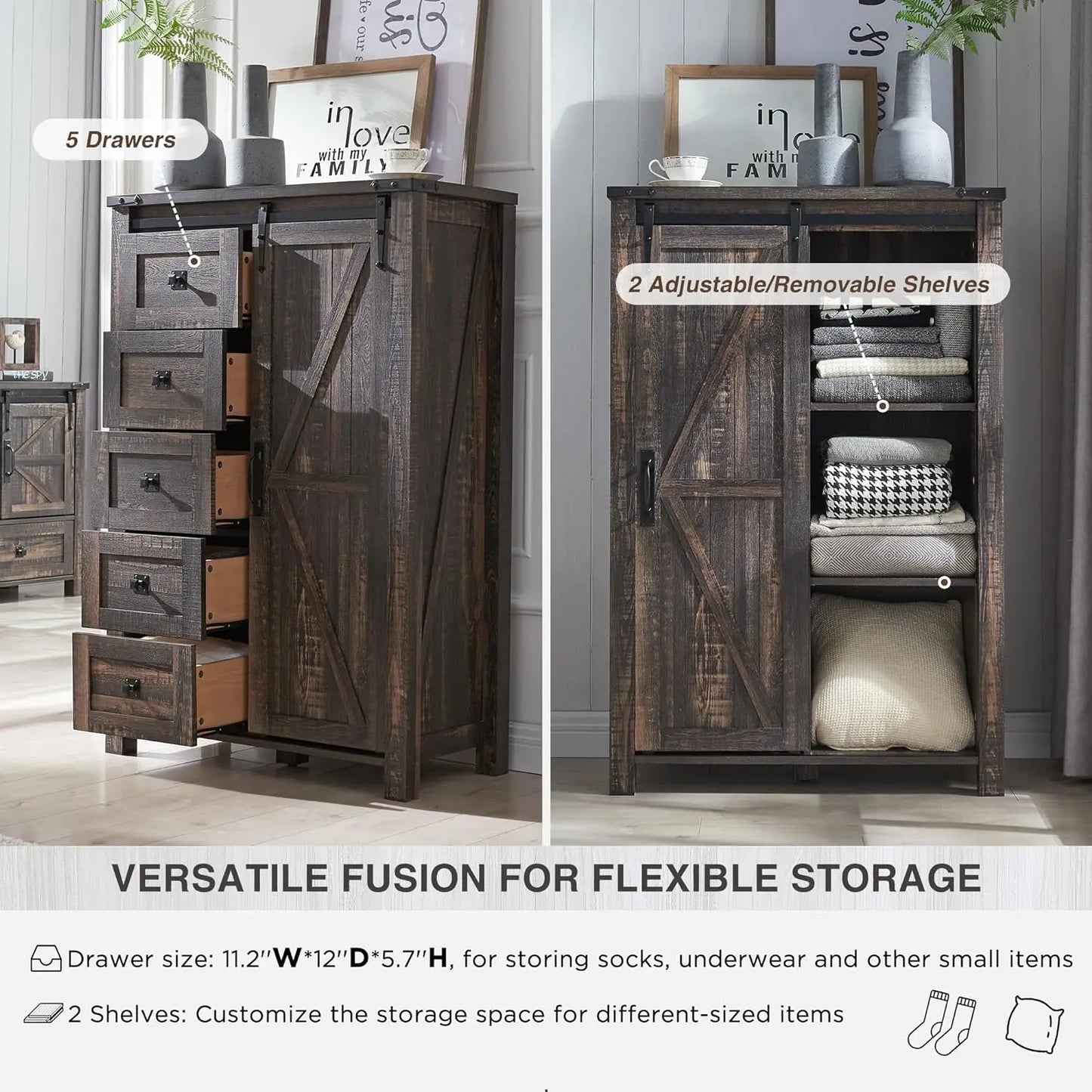 Farmhouse Dresser with Drawers&Sliding Barn Doors, all Chest of Drawers,Rustic Dresser TV Stand w/Shell for Bedroom, Living Room