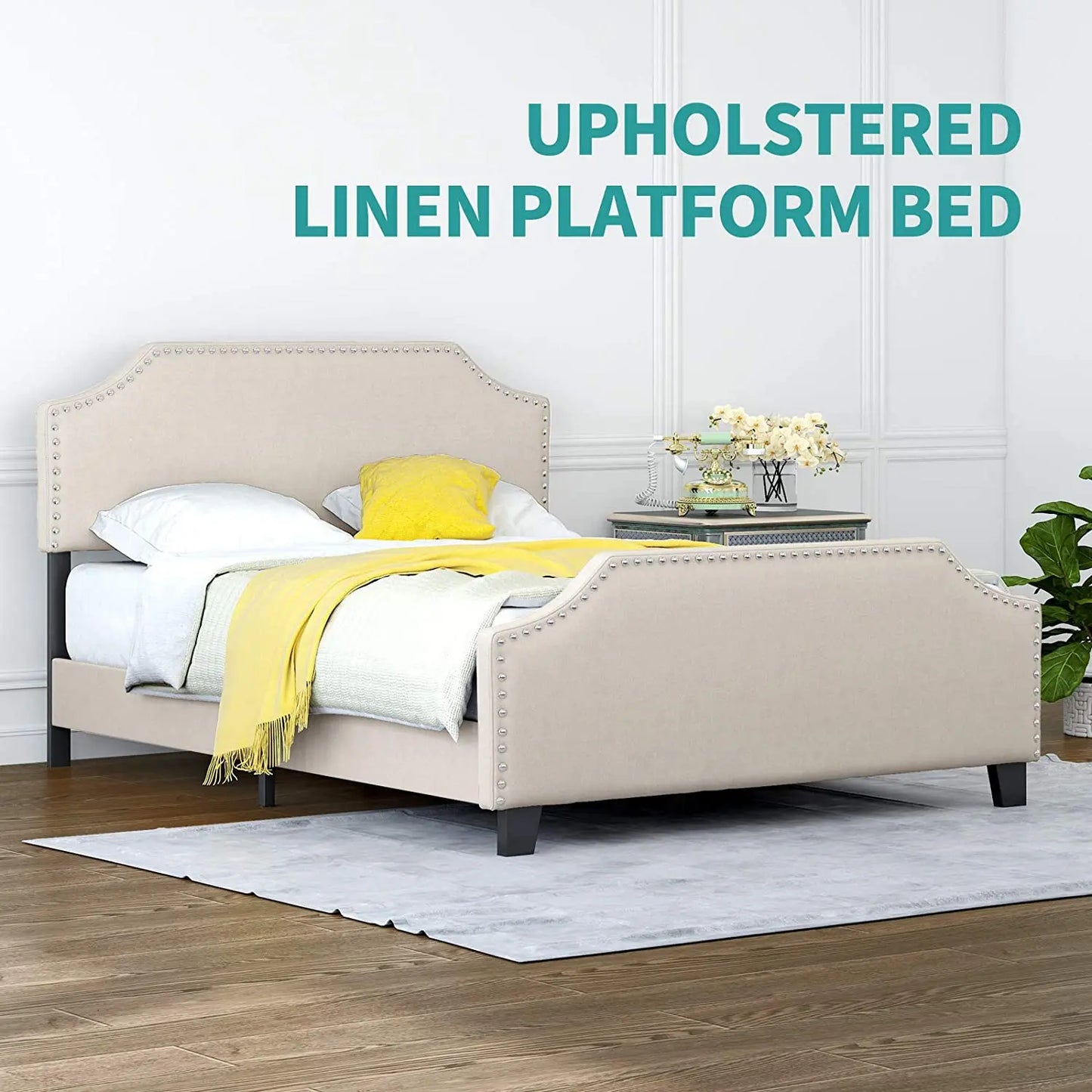 Full Upholstered Linen Platform Bed - Curved Headboard & Footboard with Metal Frame