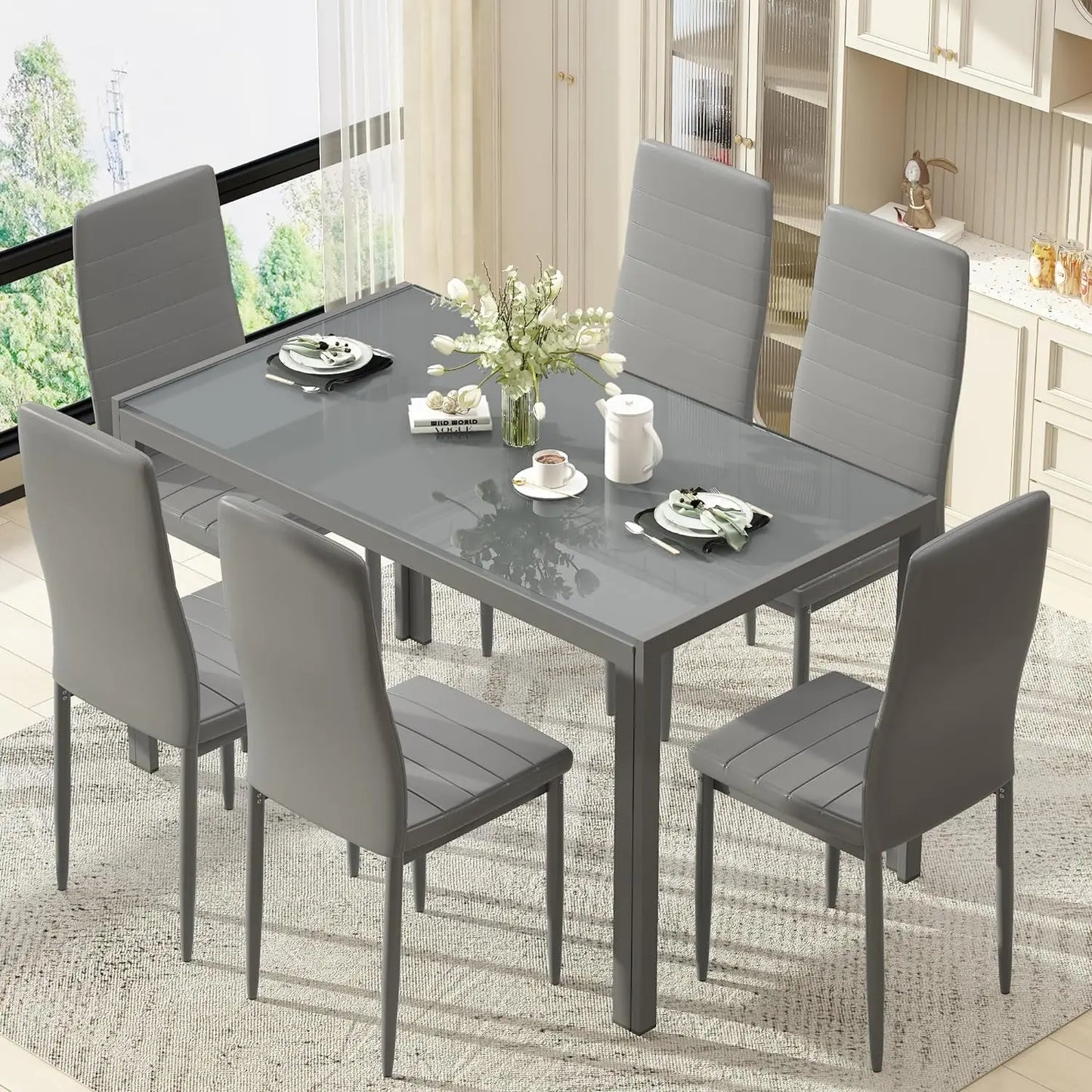 7-Piece Modern Dining Table Set – Rectangular Faux Marble Table with 4 PU Leather Chairs, Space-Saving Design