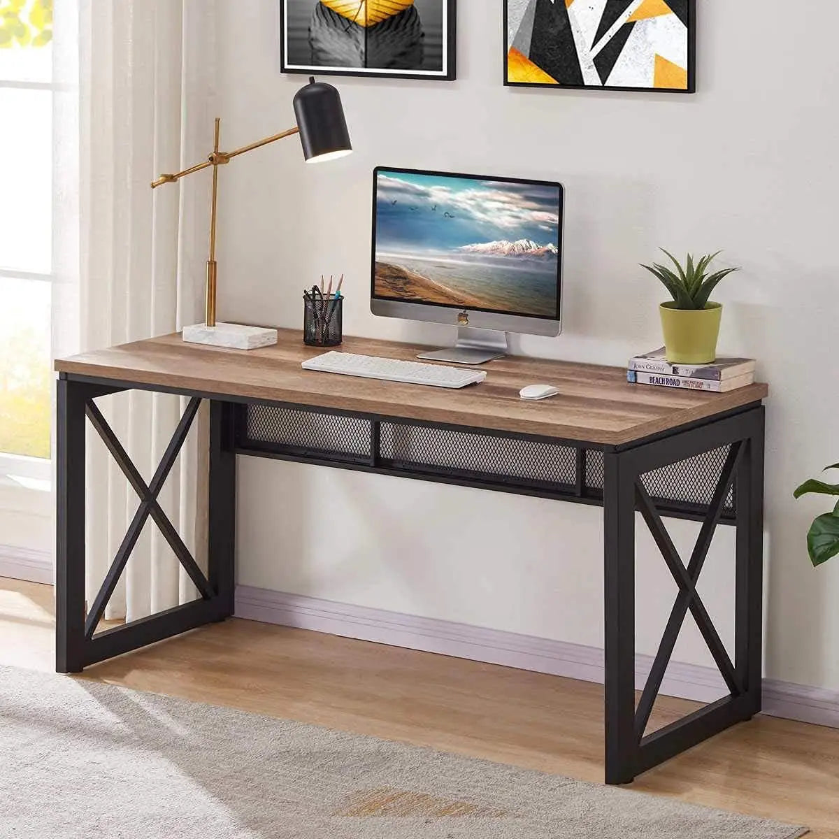 60-Inch Industrial Computer Desk - Large Adjustable Office Desk with Wood Grain Finish and Sturdy Metal Frame