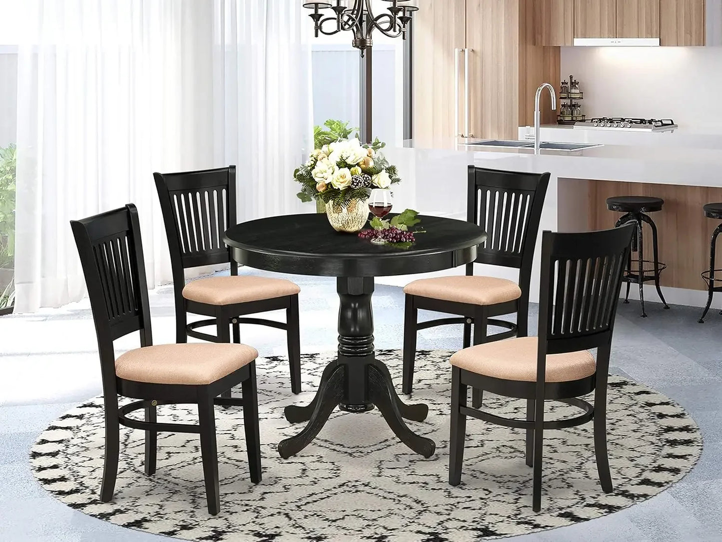 3-Piece Dining Room Set – Round Pedestal Table and 2 Wooden Chairs, 36"x36", Linen White