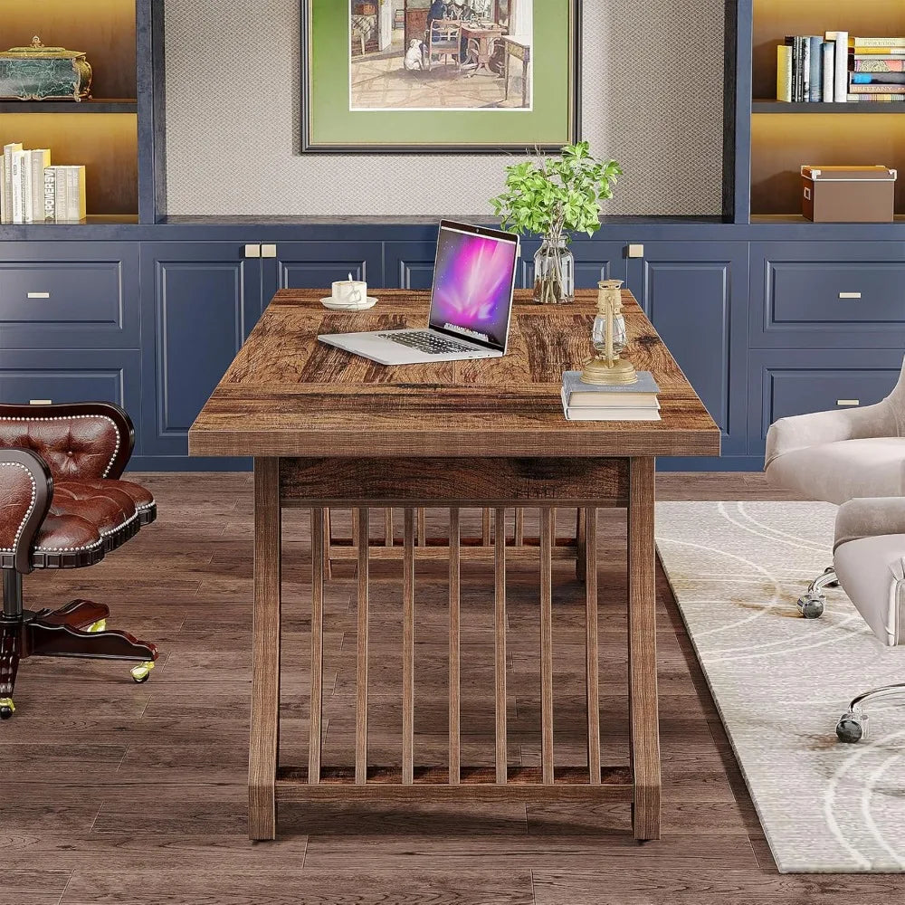 62" Retro Farmhouse Executive Desk – Spacious Wooden Computer Desk with Thick Tabletop and Heavy-Duty Legs, Antique Brown