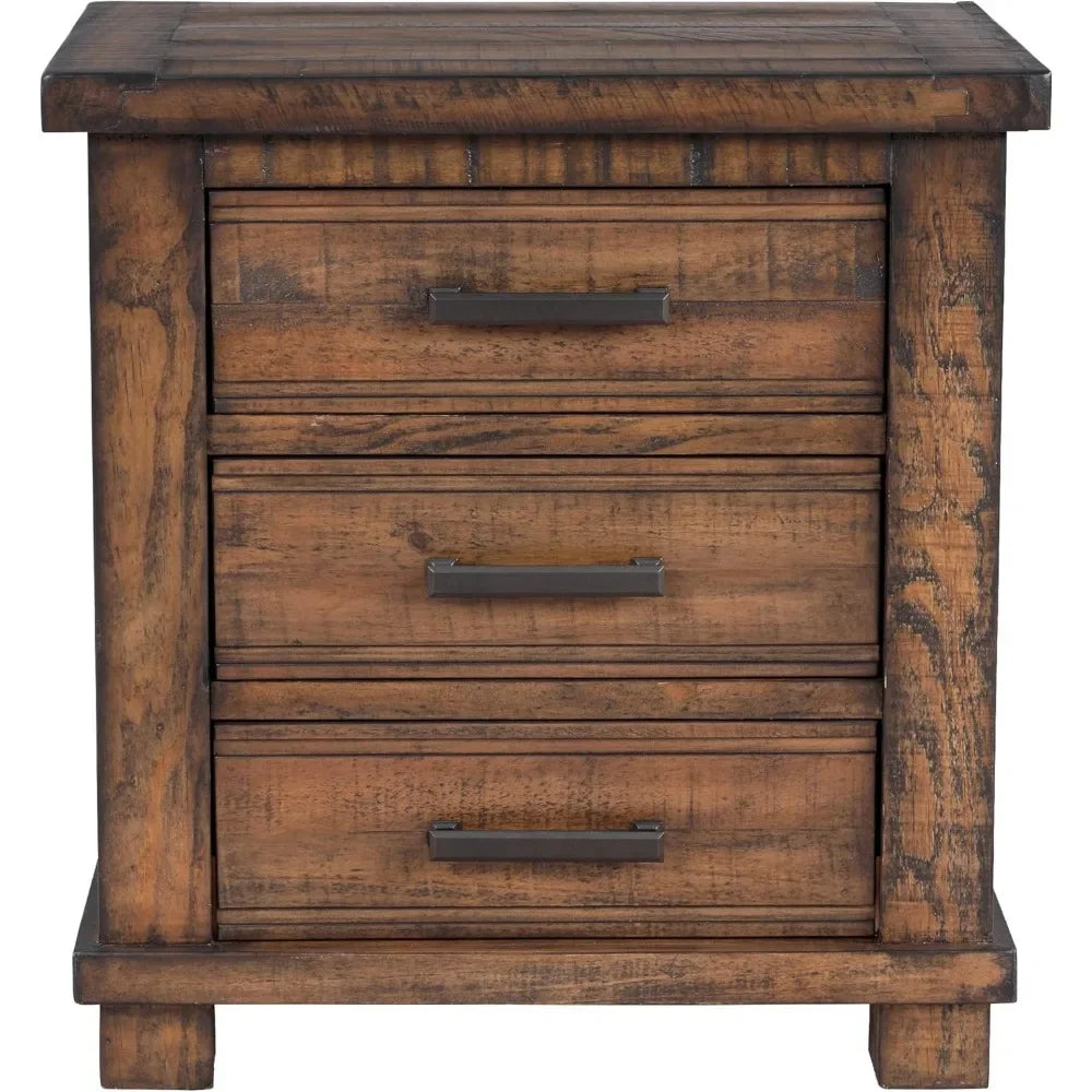 Farmhouse 3-Drawer Nightstand, Reclaimed Pine Wood Bedside Table Night Stand Sofa Side End Table with Antique Metal Handles