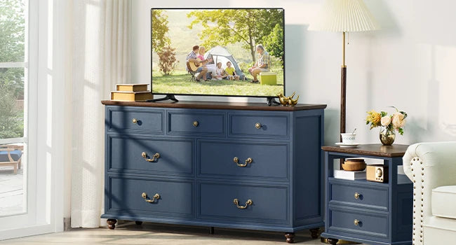 Farmhouse 54" 7 Drawers Dresser for Bedroom, Wide Wood Chest of Drawers w/ 4 Wooden Legs